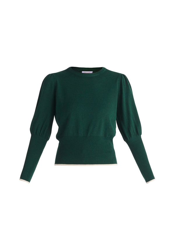Paisie Contrast Colour Edge Knitted Top in Dark Green Cut Out